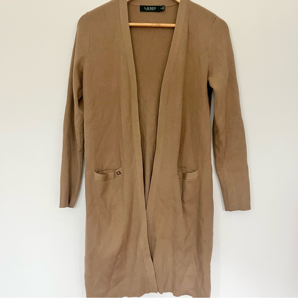Lauren Ralph Lauren Open Front Cardigan Sweater Ribbed Knit Tan Brown Womens M - Picture 4 of 12